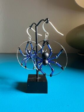 Handmade wire wrapped beaded spider earrings black and cobalt blue